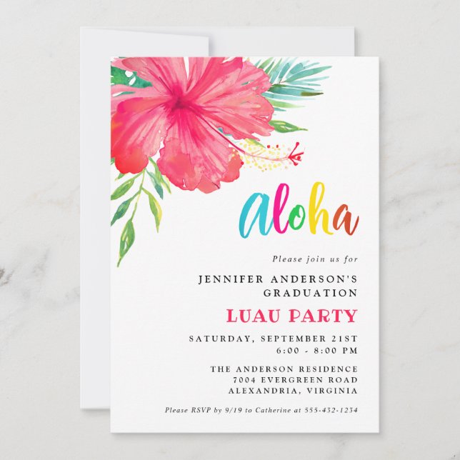 Aloha Tropical Rosa Hibiscus Luau Studentfest Inbjudningar (Framsida)