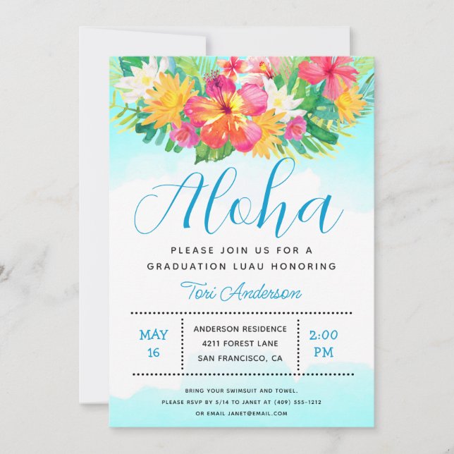 Aloha Tropical Studenten Luau Blue-inbjudan Inbjudningar (Framsida)