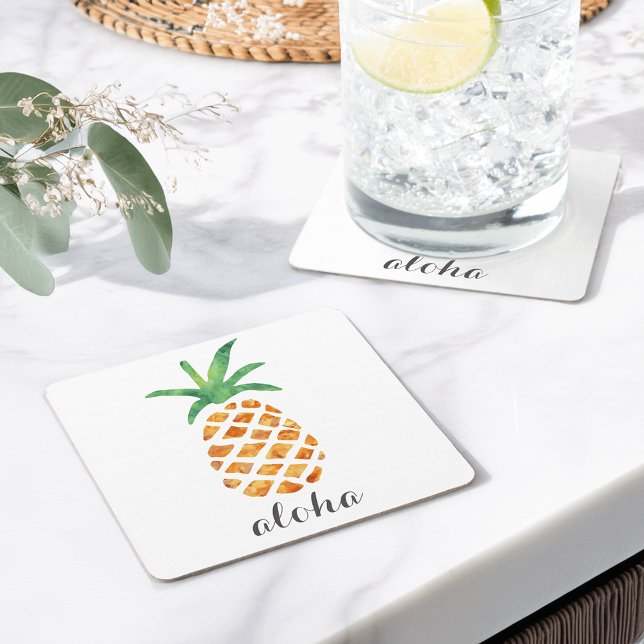Aloha Tropical Watercolor Pineapple Underlägg Papper Kvadrat (Skapare uppladdad)