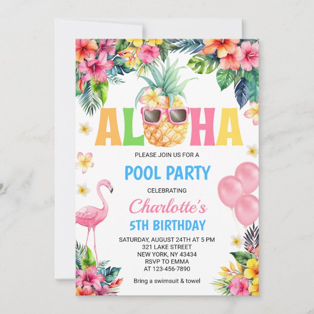 Aloha Tropisk Ananas Flamingo Poolparty Inbjudningar (Framsida)