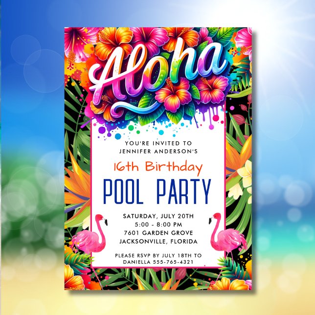 Aloha Tropisk Flamingo Födelsedags Poolparty  Inbjudningar (Skapare uppladdad)