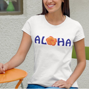 Aloha Tropisk Orange Hibiskus Blå Typografi T Shirt