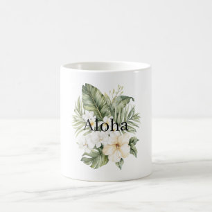 Aloha Tropiska Gröna blad Vita Hibiskus Orkidéer Kaffemugg