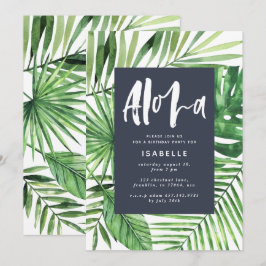 Aloha tropiska handflatan löv och manusblått födel spara datumet