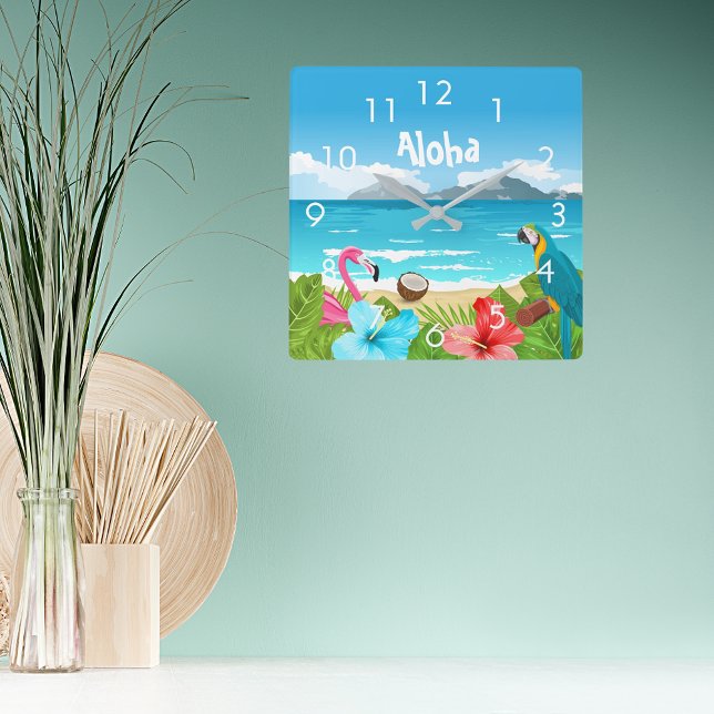 Aloha tropiska stranden med flamingo och blommor fyrkantig klocka (Skapare uppladdad)