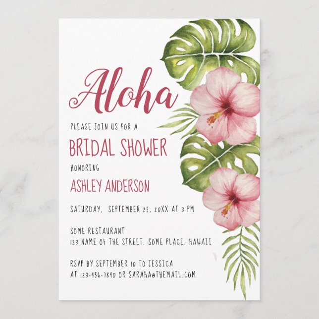 Aloha Tropiskt Blommigt Bröllopsdusch Rosa Hibisku Inbjudningar (Framsida)