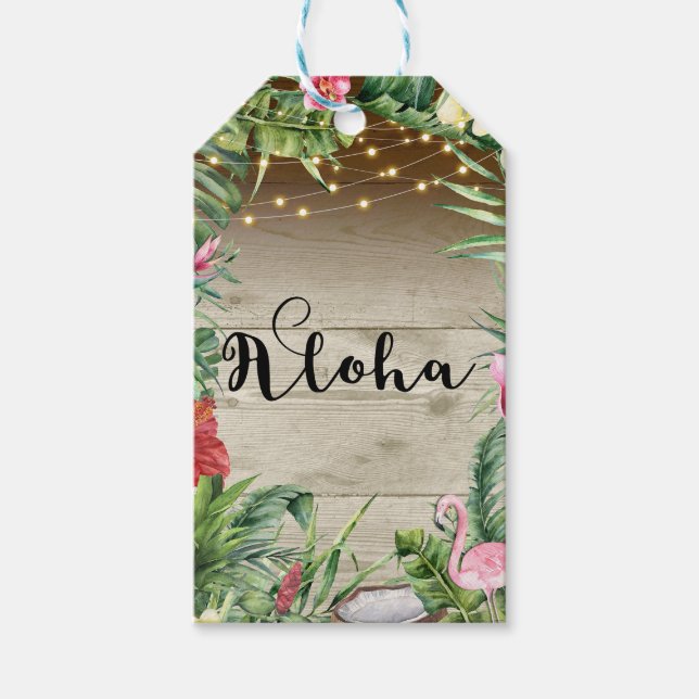 Aloha Tropiskt Trä Blommiga blad & Ljus Bröllop Presentetikett (Framsidan)
