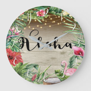 Aloha Tropiskt Trä Blommiga Blad & Ljus Chic Stor Klocka