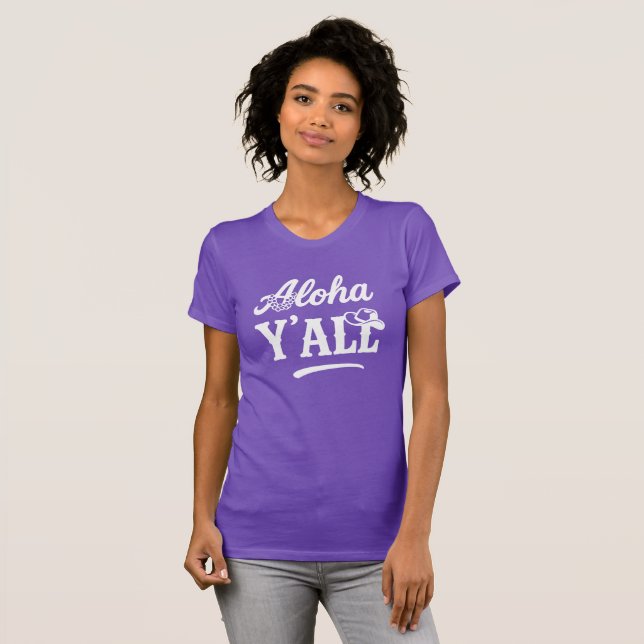 Aloha Y'all Hawaii Texas Funny Purple Graphic T Shirt (Hel framsida)