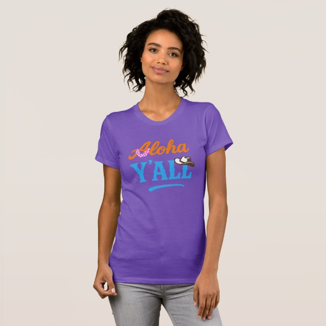 Aloha Y'all Hawaii Texas Funny Purple Graphic T Shirt (Hel framsida)