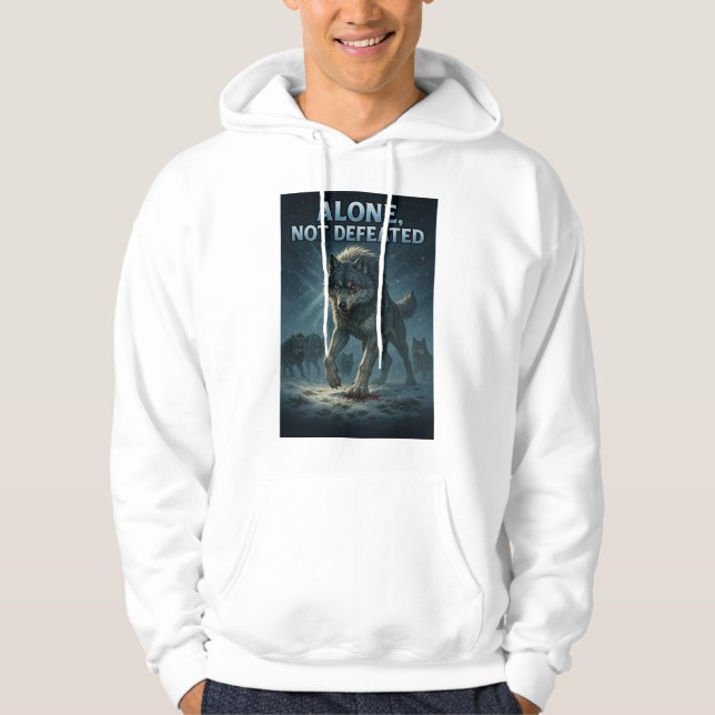 Alone, Not Defeated | Motivational Wolf Art Hoodie (Framsida)