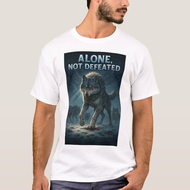 Alone, Not Defeated | Motivational Wolf Art T Shirt (Framsida)