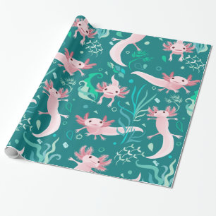 Alotta Rosa Axolotls på Pappra Teal Wrapping Presentpapper