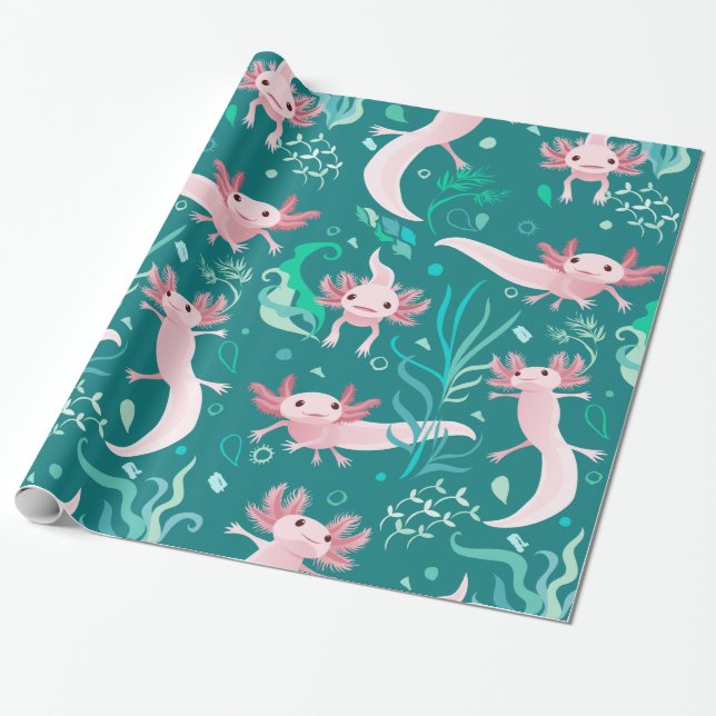 Alotta Rosa Axolotls på Pappra Teal Wrapping Presentpapper (Utrullad)