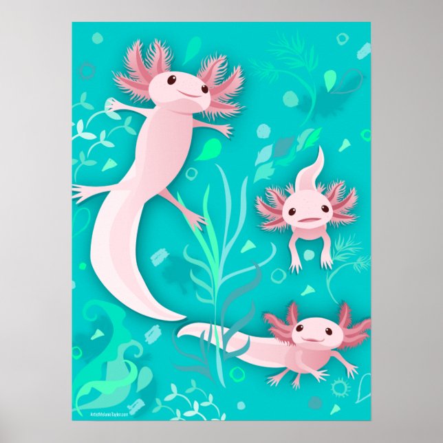 Alotta Rosa Axolotls på Teal Poster (Framsidan)