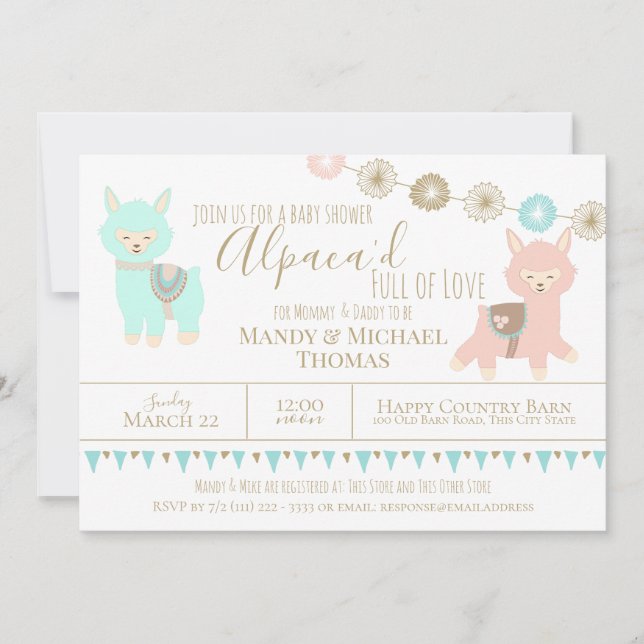 Alpaca Baby Shower packad med Kärlek Kön Neutral Inbjudningar (Framsida)