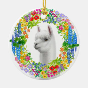 Alpaca i blom- kranjulprydnad julgransprydnad keramik