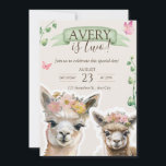 Alpaca llama Kid Birthday | Inbjudan till babyvisn<br><div class="desc">Fira en nykomling eller din lilla speciella dag med den här vackra inbjudan till anpassade baby eller barn som innehåller två värdefulla alpacas/llamas i mjuka pastellnyanser. Omgiven av vismisk löv och fjärilar är denna design perfekt för babyduschar, födelsedagar eller gender-neutralt firande. Redigera texten så att du enkelt kan anpassa detaljerna...</div>