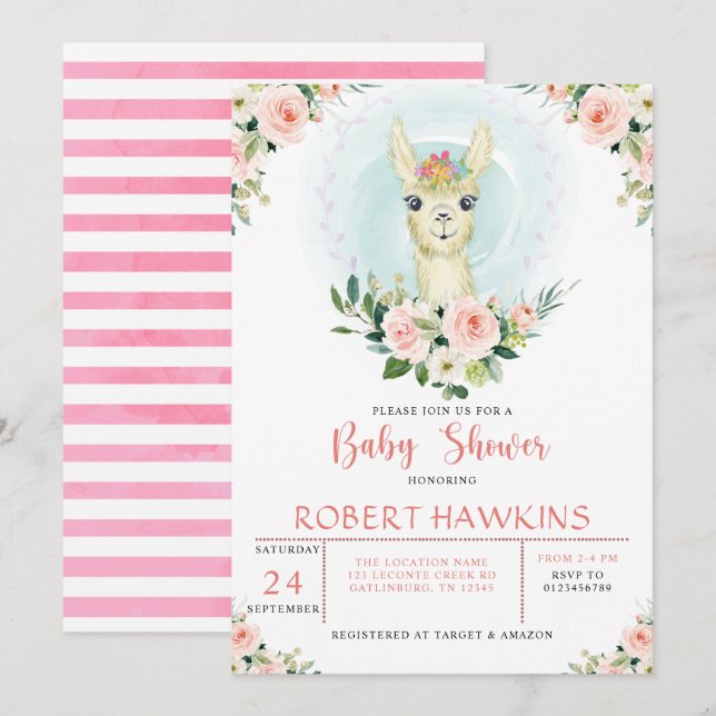 Alpaca Llama Rosa Blommigt Girl Baby Shower Inbjudningar (Fram/baksida)