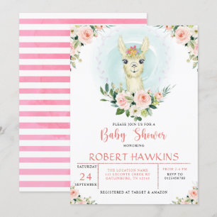 Alpaca Llama Rosa Blommigt Girl Baby Shower Inbjudningar
