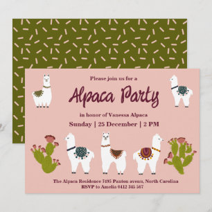 Alpaca Party Cactus Rosa Birthday Inbjudningar