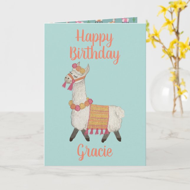 Alpaca personlig namn födelsedagskort  kort (Gul blomma)