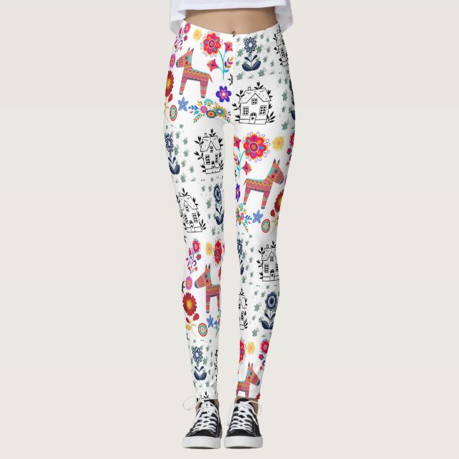 Alpaca Pinata med blå hus och blomkrukor Leggings (Framsida)