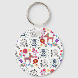 Alpaca Pinata med blå hus och blommor Nyckelring