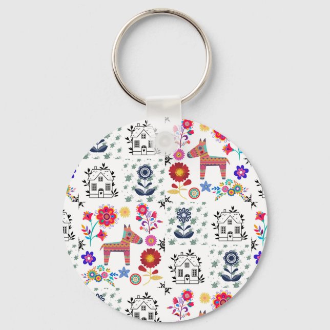 Alpaca Pinata med blå hus och blommor Nyckelring (Framsida)