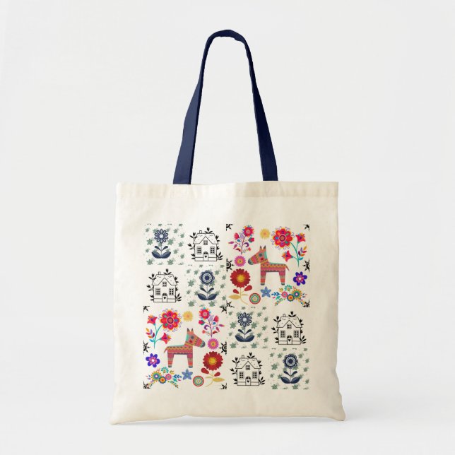 Alpaca Pinata med blå hus- och blomsterbudget Tygkasse (Framsidan)