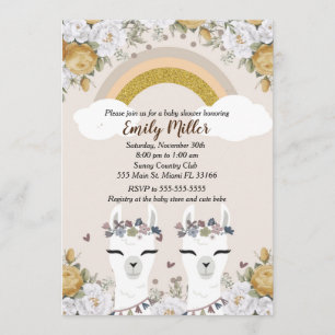 Alpaca Twillingars Baby Shower-inbjudan Guld Inbjudningar