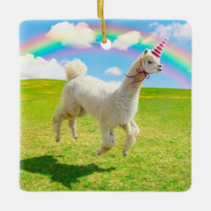 Alpaca Unicorn under Rainbow Himlar Julgransprydnad Keramik