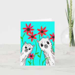 Alpacas och Röda blommor Kort