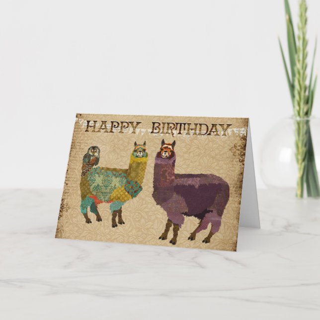 Alpacas och Teal Uggla-födelsedagskort Kort (Framsida)