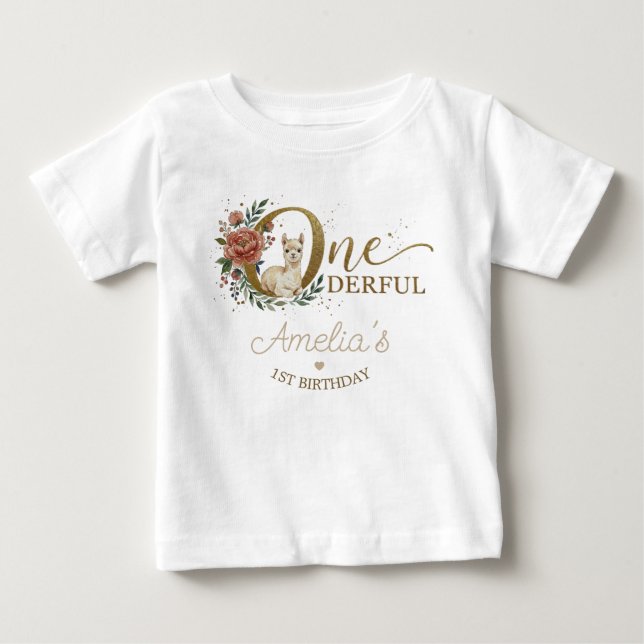 Alpacka 1-årsdag Söt Blommig Boho Flicka T Shirt (Framsida)
