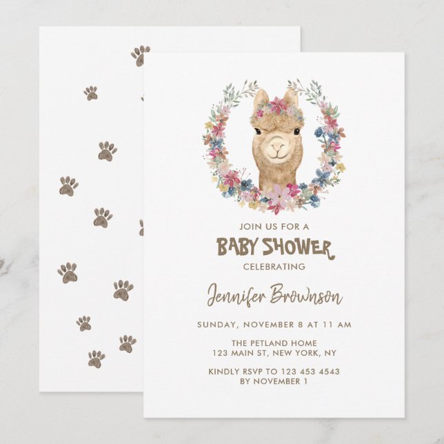Alpacka blommkrans hund baby shower inbjudningar (Fram/baksida)