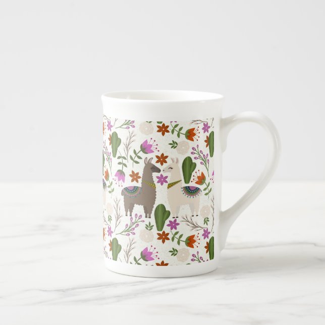 Alpacka Kactus Blommönster Djurälskare Benporslin Mugg (Höger)