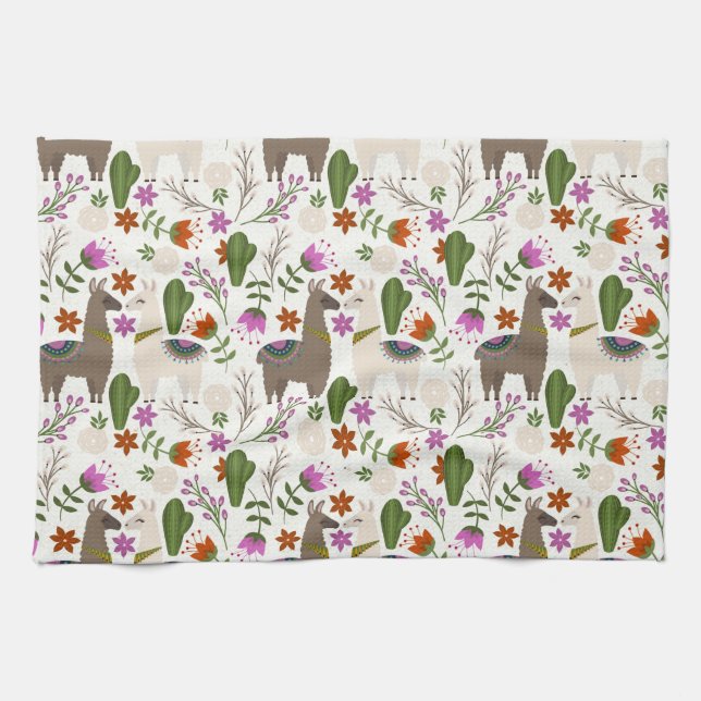 Alpacka Kaktus Blommönster Djurälskare Kökshandduk (Horisontell)