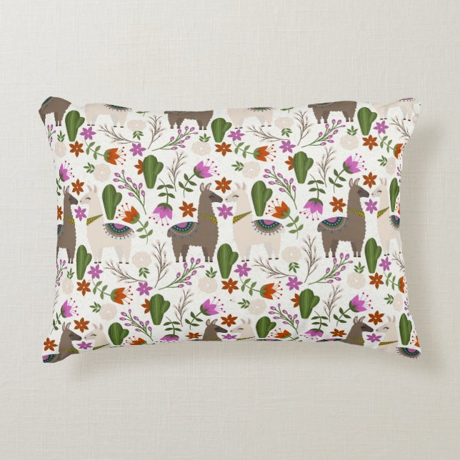 Alpacka Kaktus Blommönster Djurälskare Prydnadskudde (Framsidan)