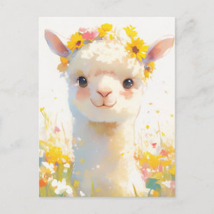 Alpacka med gul blomsterkrona äng vykort