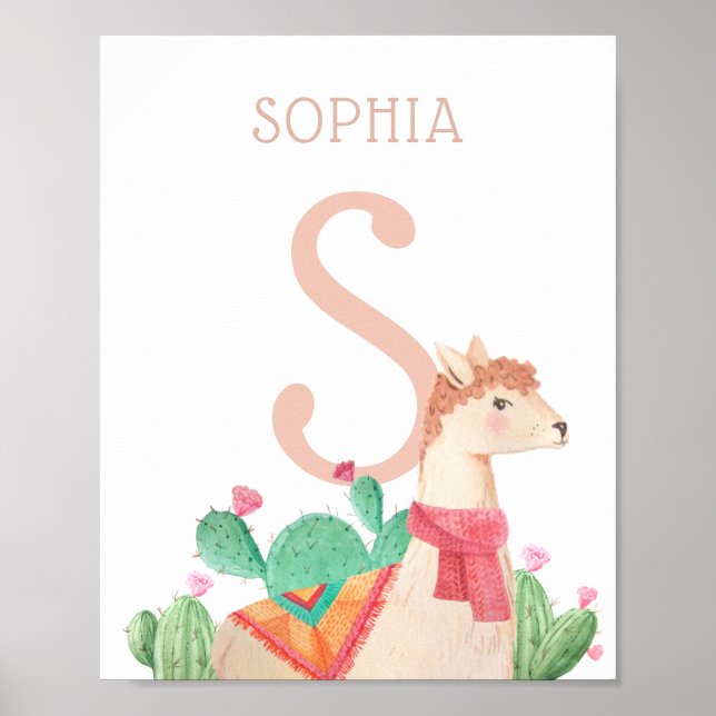 Alpacka rums väggkonst. Lama barn namn & initial Poster (Framsidan)