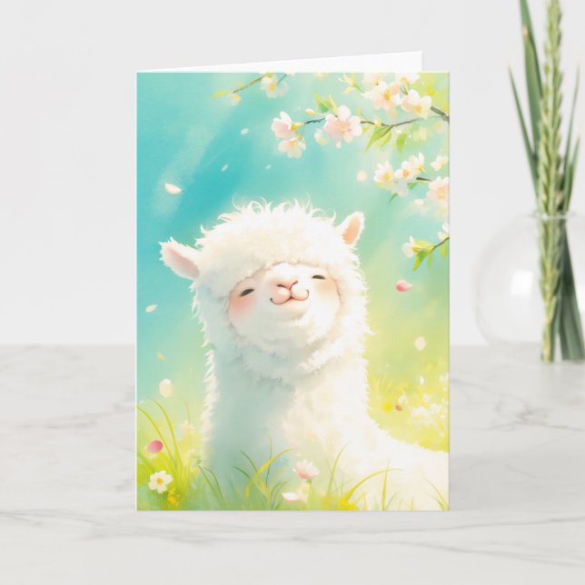 Alpacka solbadar i de blommande blommorna kort (Framsida)