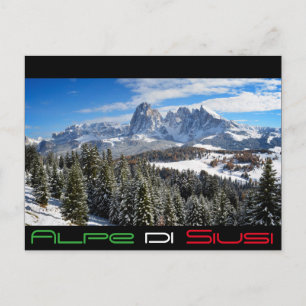 Alpe di Siusi på vinterkort för svart text Vykort