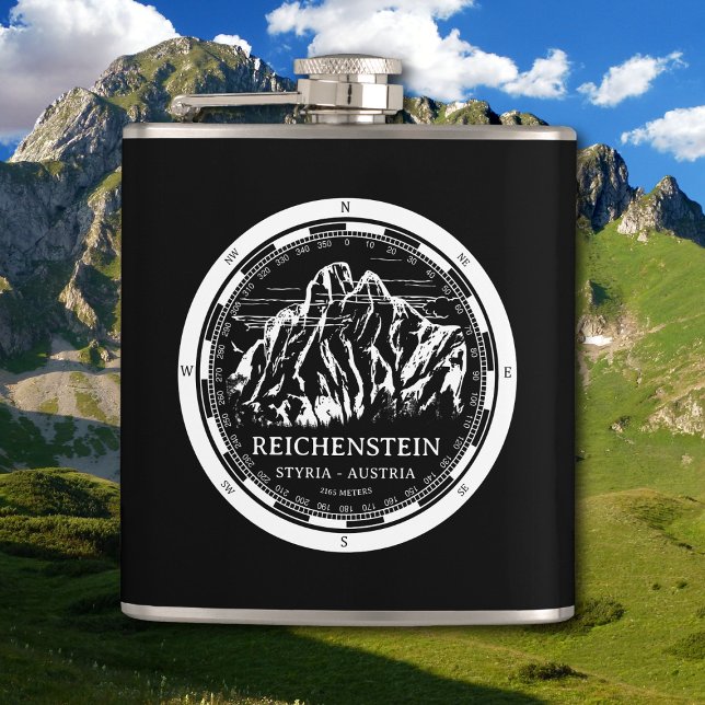 Alpernorna Reichenstein-Steieri Österrike Fickplunta (Mount Reichenstein - Styria Austria Alps Flask in Back with a white compass mountain illustration)