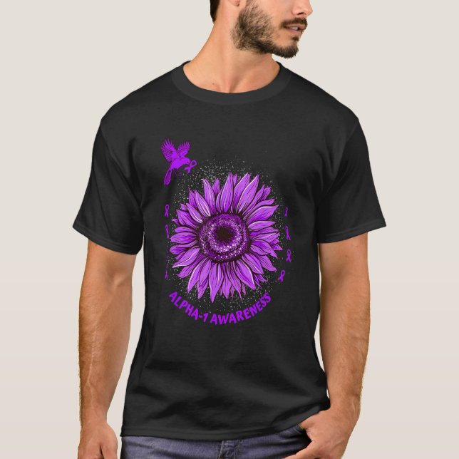 Alpha 1 Awareness Ribbon Purple Sunflower Bird Hop T Shirt (Framsida)