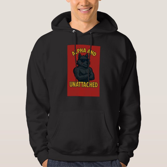 Alpha and Unattached | Funny Wolf Cartoon Hoodie (Framsida)