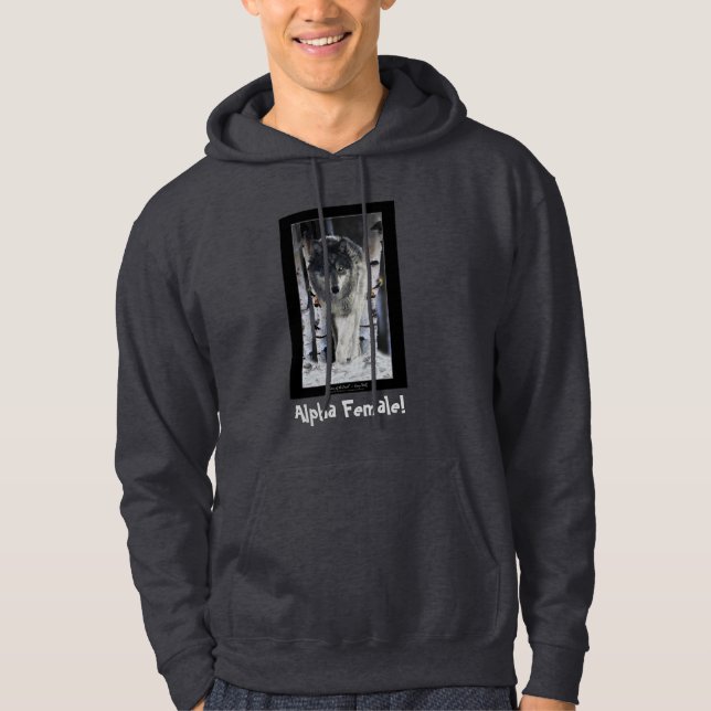 ALPHA FEMALE III ~ Grått Varg & Träd Hoodie (Framsida)