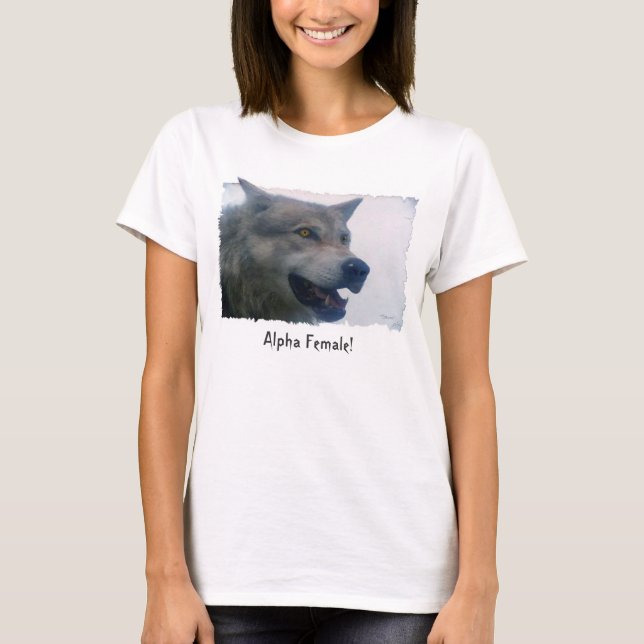 ’ALPHA FEMALE’ Roligt Grått Varg Mode Tee Shirt (Framsida)
