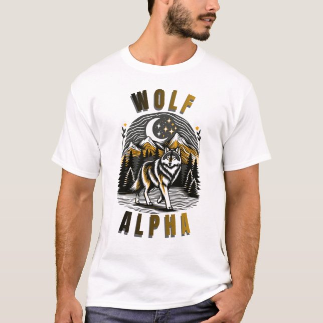 Alpha Wolf Mountain Night Design T Shirt (Framsida)