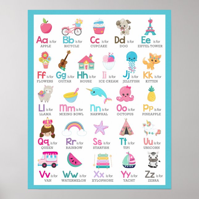 Alphabet A till Z Kids Baby Nursery på Blue Poster (Framsidan)